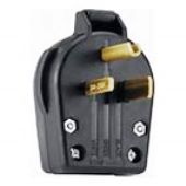 A black, three-prong NEMA 6-50P plug with a visible gold-colored contact