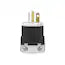 An image of a black NEMA 6-20P power plug with a silver metal cap and three prong design.