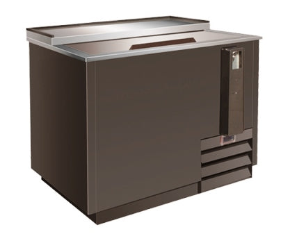 A horizontal bottle cooler with one lid, made of stainless steel with a black painted exterior, featuring locking stainless steel sliding doors.