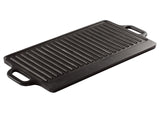 20 inch x 9.5 inch reversible griddle with one smooth side and one ridged side for different cooking applications. This model is constructed from cast iron, comes pre-seasoned, and features a black coating. The griddle is also induction ready and hand wash only. Made in America